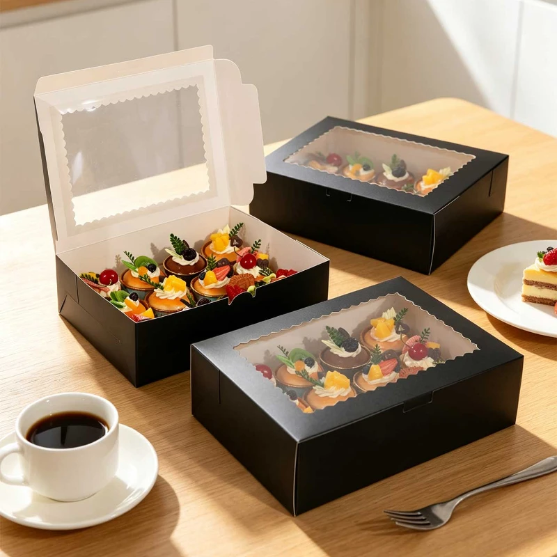 12 Cavity Black Cupcake Box with Scalloped Clear Window, Paper Muffin Holder Box for Birthday Wedding Bakery Dessert Packaging