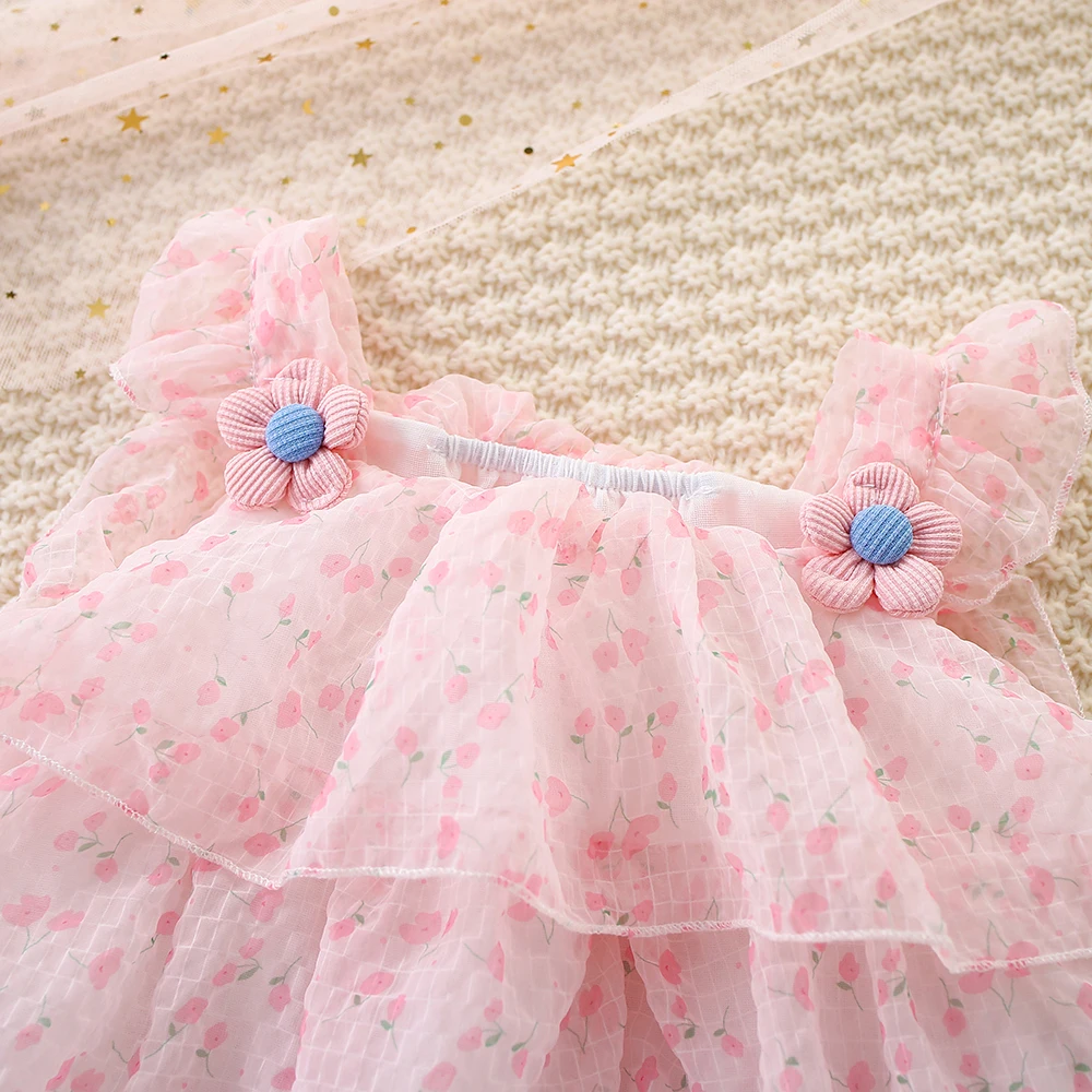 Summer New Girl Baby Dress Solid Color Flower Mesh Light and Thin Small Flying Sleeves Sweet Princess Dress