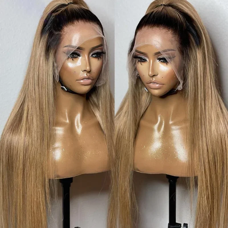 

Soft Long 26Inch180Density Ombre Brown Glueless Straight Lace Front Wig For Women With Baby Hair Synthetic Preplucked Daily Wig