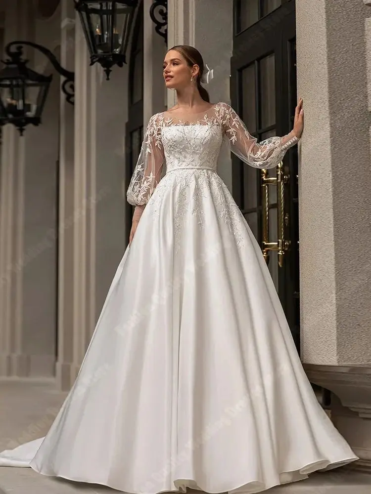 Linda impressão de renda vestidos de casamento femininos mangas compridas vestidos de noiva vintage brilhante decalque design vestidos de novia personalizado