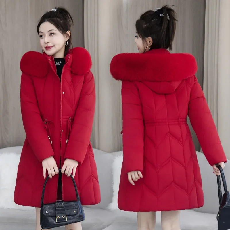 Winter Coat Low Price On Sale Women Beige Add Wool Thick Warmth Fur Hooded Parkas Jacket New Fashion Belt Slim Cotton Coat