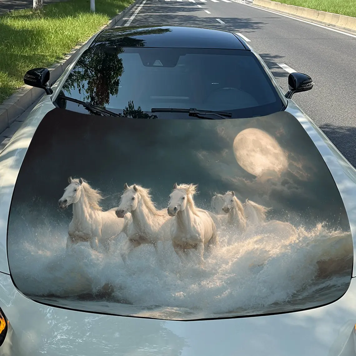 Moonlight White Horse Group Vinyl Decal - Universal Fit Paper Material Car Hood Wrap, Automotive Exterior Bonnet Sticker, Vehicl