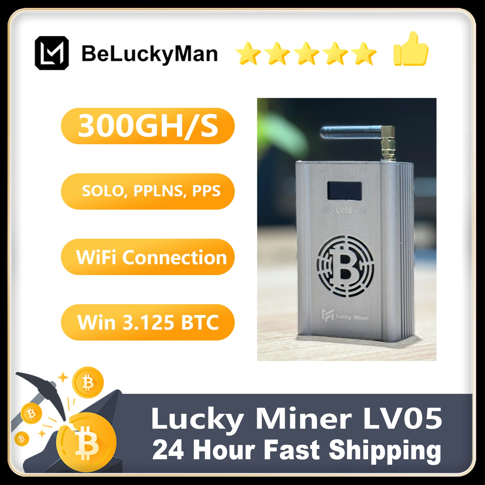 

Майнер биткойнов Lucky Miner LV05 320G ~ 380G SHA256 BTC BCH BSV DGB SOLO Майнер-машина Бесшумный крипто-майнер Лотерейное устройство