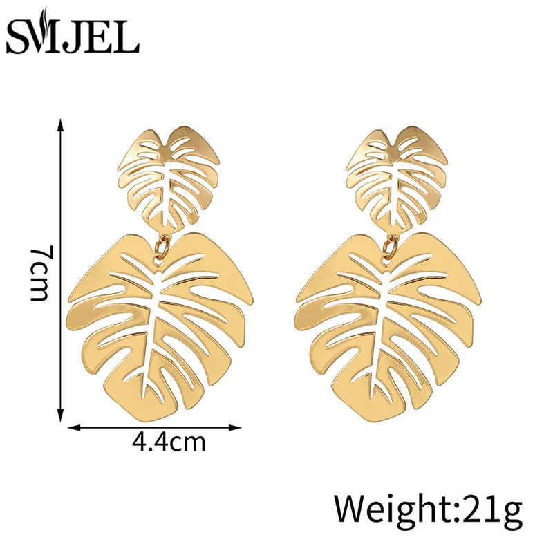 SMJEL Vintage Metal Big Leaf Earrings for Women Summer Monstera Jewelry Fashion Palm Leaves Earings Statement Piercing Brincos