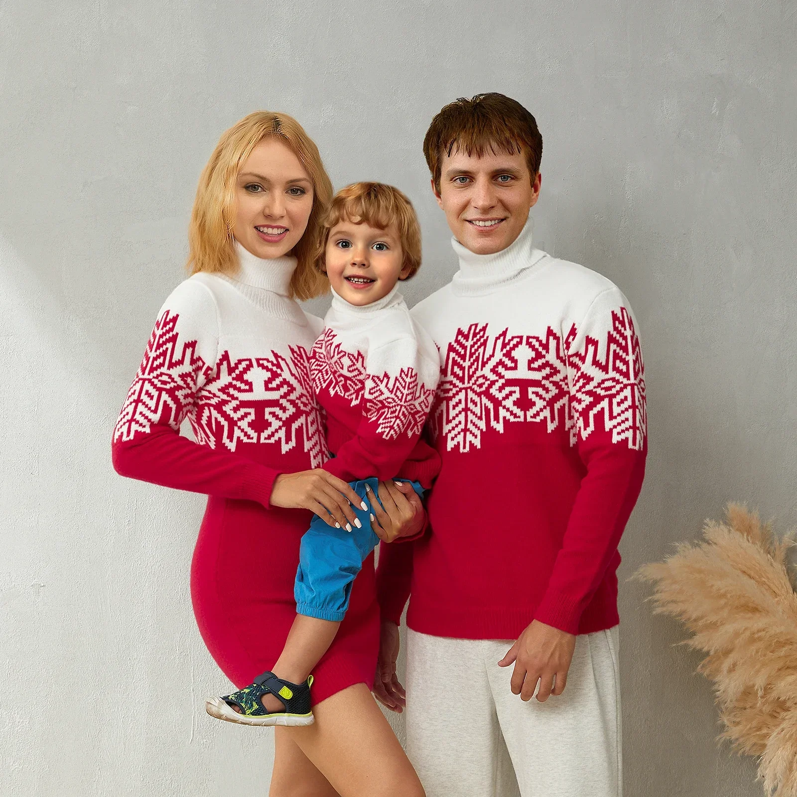 Family Matching Christmas Sweater Snowflake Print Contrast Color Turtleneck Long Sleeve Knitted Pullovers