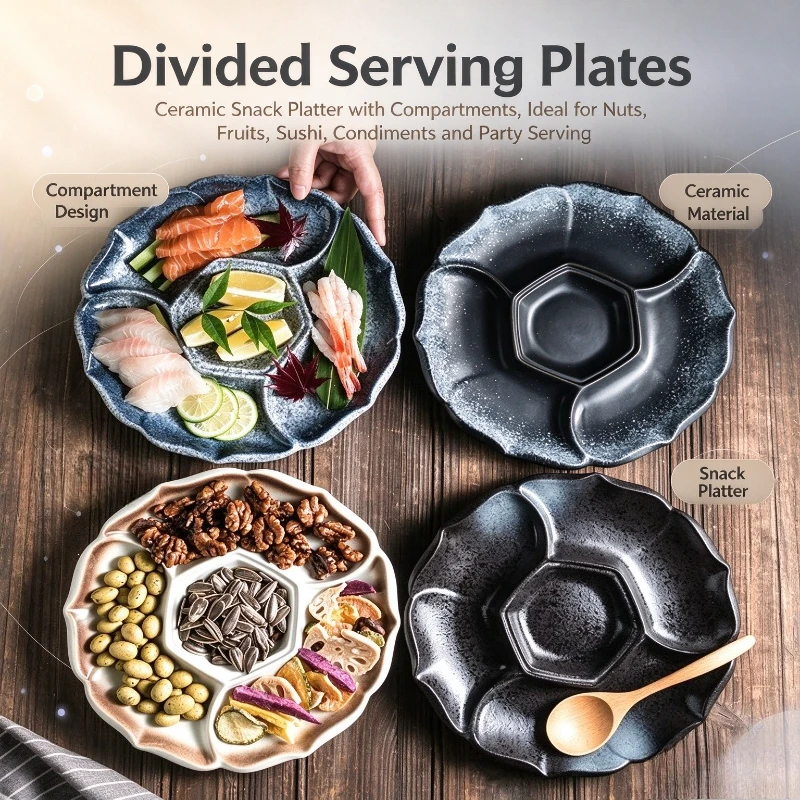 1PC Creative Compartment Ceramic Flat Plate Japanese Cuisine Sushi Sashimi Platter Tableware For Hot Pot Food Serving