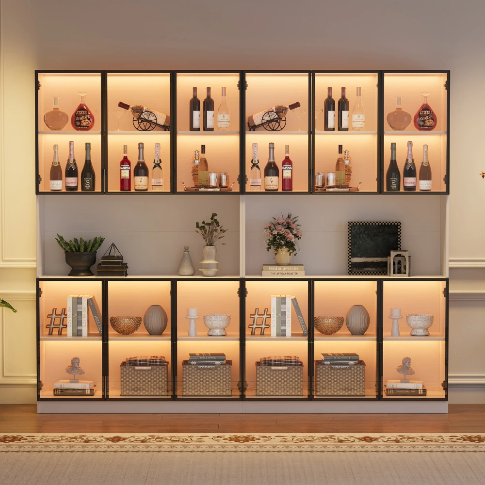 Vitrina, vitrina expositora con 12 puertas, área de almacenamiento abierta, vitrina alta, vitrina de cristal con iluminación LED