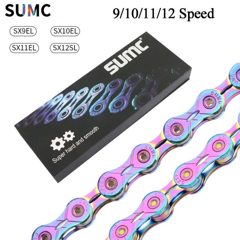

SUMC Bicycle Chain: 9/10/11/12 Speed, 116/126L Length, Rainbow, Hollow/Semi - hollow with Magic Buckle for Road Bikes