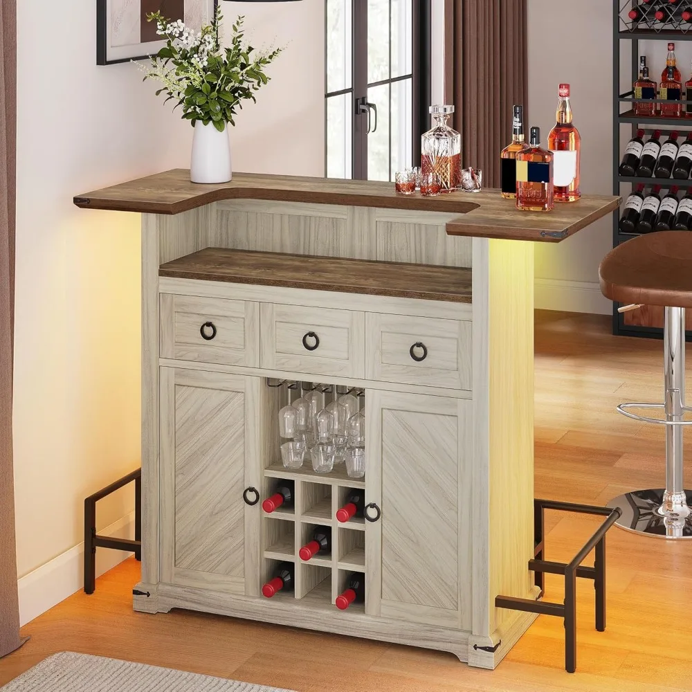

Home Bar Unit with LED Lights ＆ Drawer, Farmhouse Bar Cabinet with Glasses Holder and Wine Storage, Wine Bar Cabinet Set Mini B