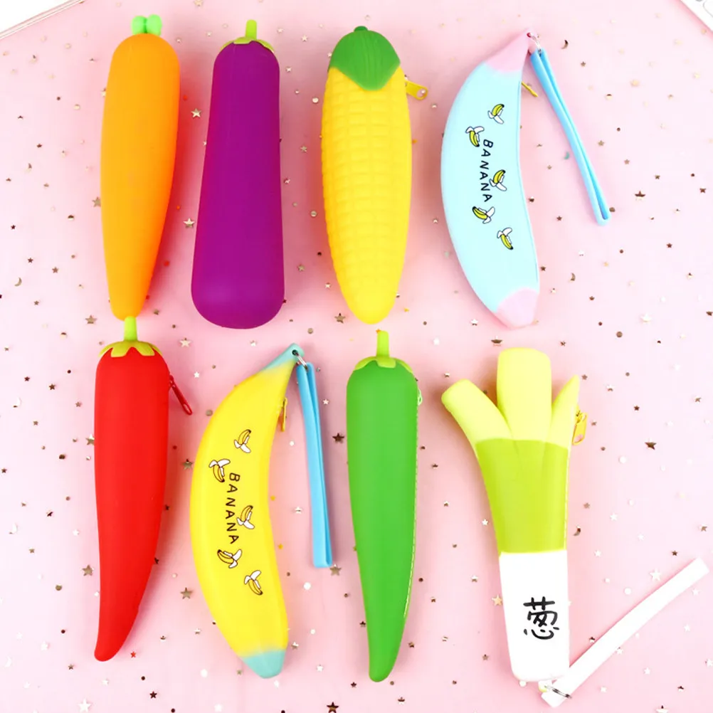 2Pcs Silicone Pencil Pouches Vegetable Design Zipper Pen Bag Large Capacity Student Stationery Organizer School Supplies Gift