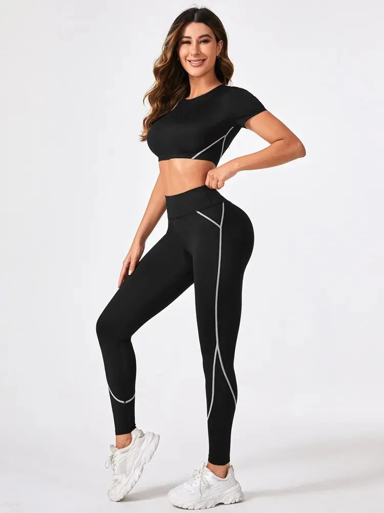 2 Pieces Short Sleeve Yoga Pilates Sports Suit Quick Dry Elastic Slim Fit Tracksuit Running Workout Breathable Training Wear Set