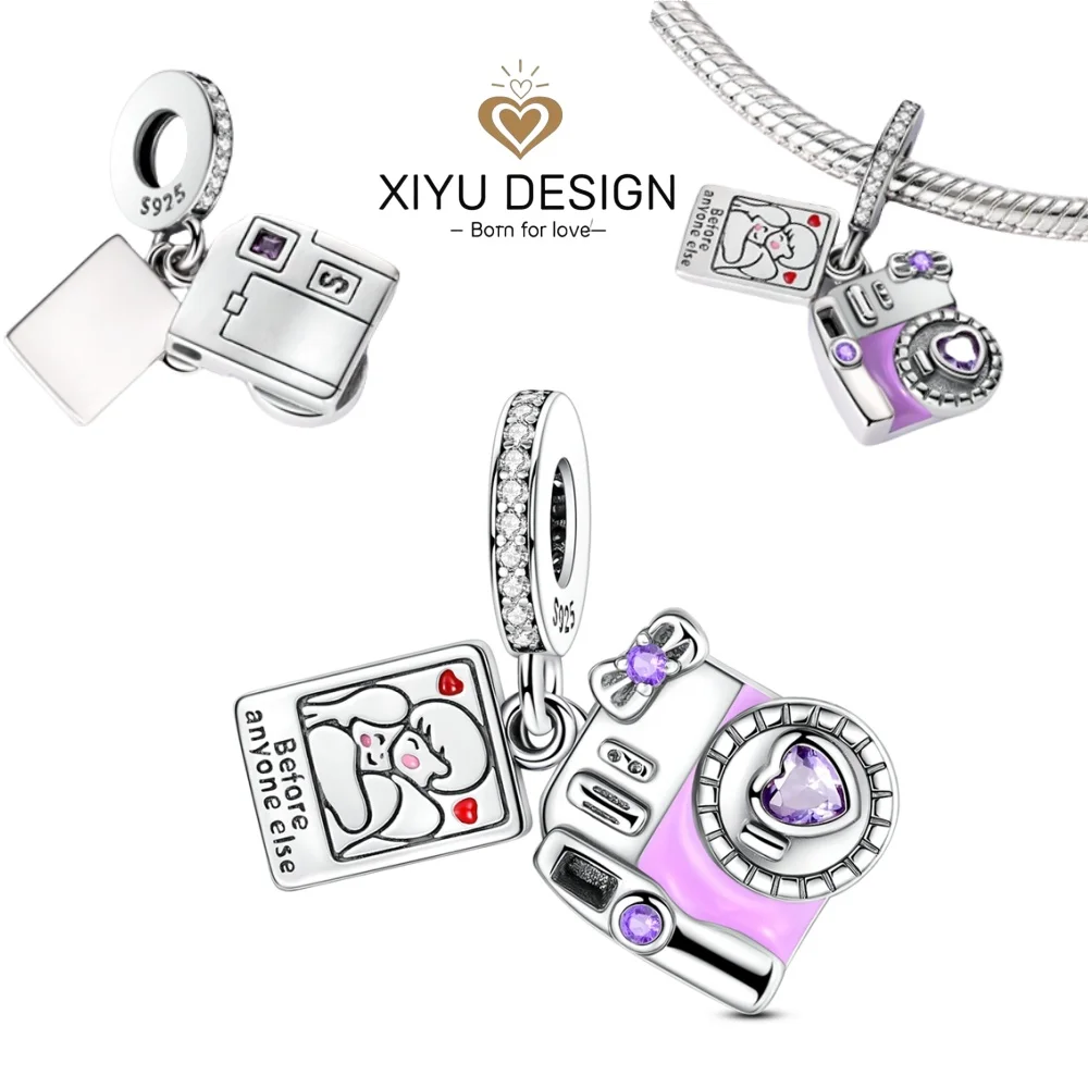 

New Purple Bow Polaroid Charm Beads Fit DIY S925 Silver Bracelet Necklace Commemorative Gift for Photography Lovers
