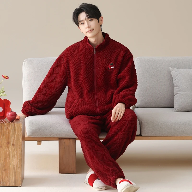 MiiOW Men Pajamas Set Winter Lucky Red Long Sleeve Zipper Cardigan Sleepwear Flannel Thicken Warm Men's Softness Home Loungewear