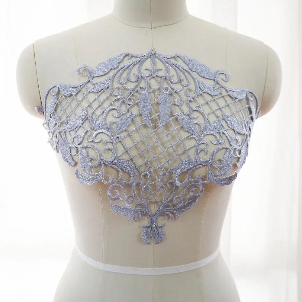 Silver Embroidery Baroque Flower Applique Hollow Grid Fabric Collar Iron Sew Patch Wedding Bridal Gown Clothes Dress DIY Crafts