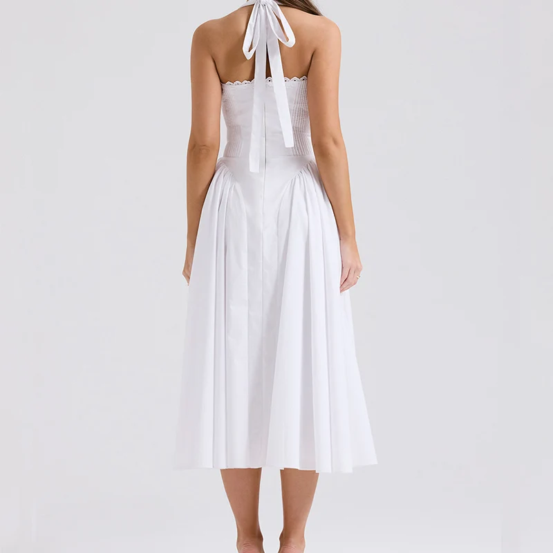 Women\'s Dress Summer 2024 New Fashion Cotton White Halterneck Floral Dresses for Women Elegant Chic Ladies Long Dress