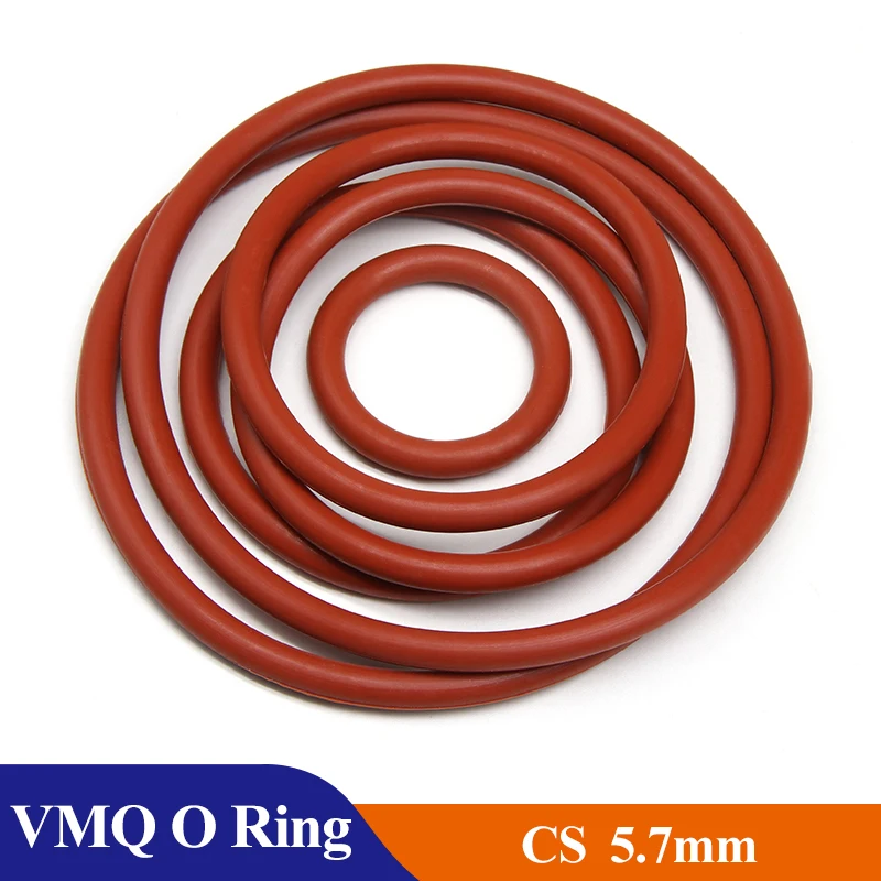 5Pcs  Red Food Grade VMQ O Ring Gasket CS 5.7mm OD 40 ~ 270mm Waterproof Washer Silicone Rubber Insulate Round O Shape Seal