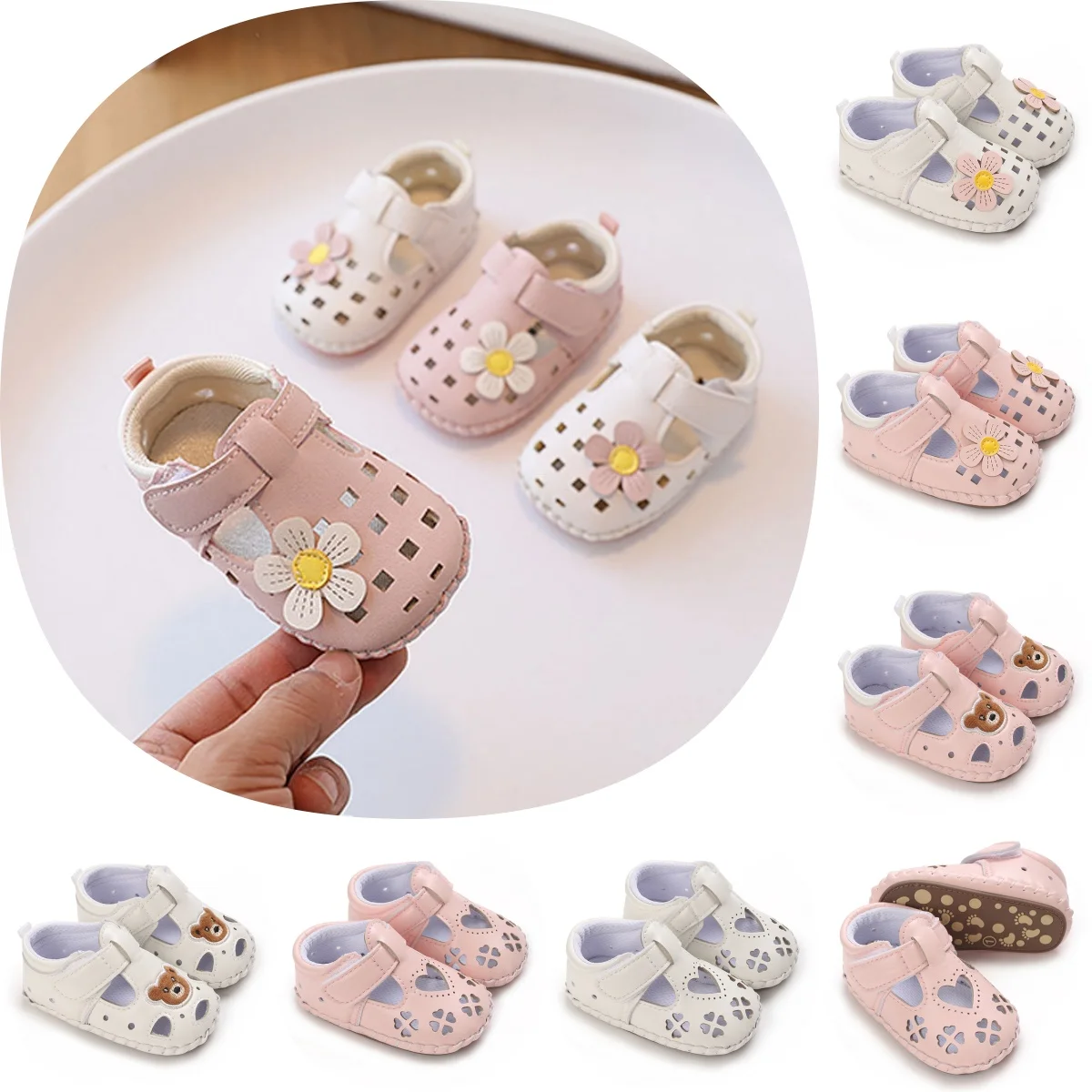 

New Summer Sandals for Girls Cartoon PU Hollow Breathable Rubber Soft Sole Flat Shoes Suitable for 0-18 Newborns Walking Shoes