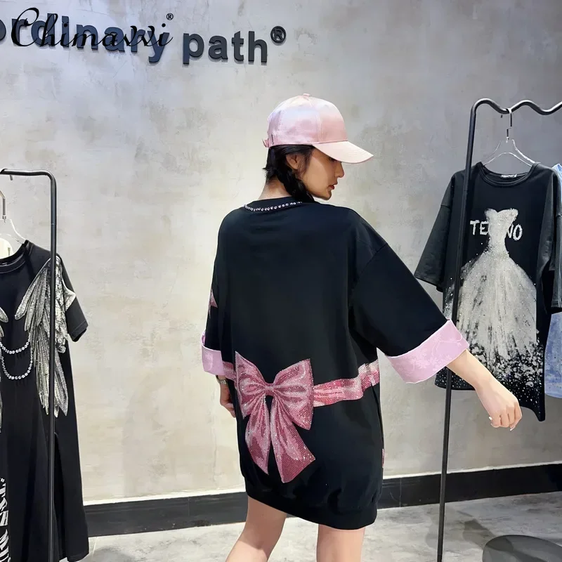 Chinesischen Stil Rosa T-shirt Kleid Mode Bogen Bär Heißer Bohren Mid-Länge Übergroßen Kurzarm Kleid Frauen Schwarze Kleider