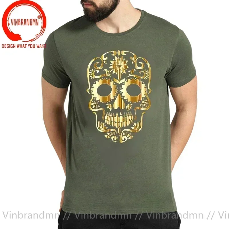 Vintage Golden Limited Editon Sugar Skull Halloween T Shirt for Men Premium Cotton Short Sleeve O-Neck Funny T-Shirt Top Tshirt