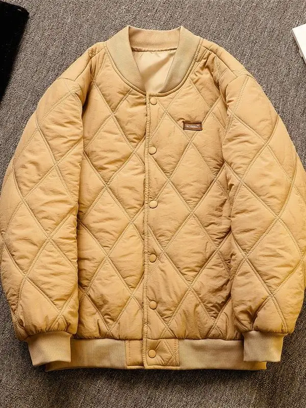 

Men's Diamond Patterned Thiened Cotton Jaet Baseball Collar Winter Coat Faionable Urban Sle Warm Long Sve Zipper