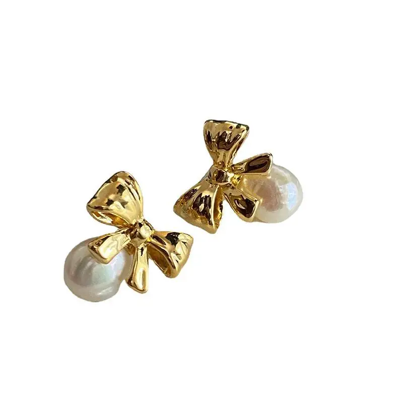 Elegant Gold-Plated Copper Silver Needle Hypoallergenic Bow Pearl Earrings for Women Girls Wholesale