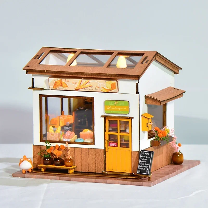 

Brown's Bakery Doll Houses NEW DIY Wooden Bread Casa Miniature Building Kit Dollhouse with Furniture for Girls Birthday Gifts