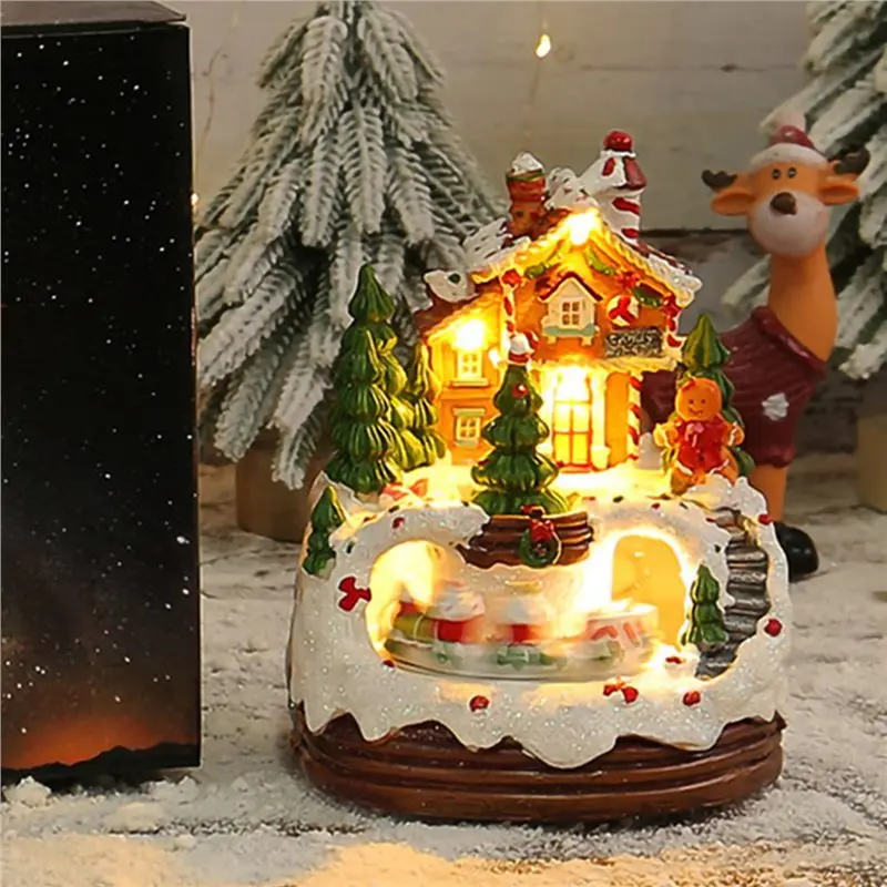 LED Light Christmas Music Box Resin Rotating Figurines With Gingerbread Man Snow House Ornament Design 2Pcs Home