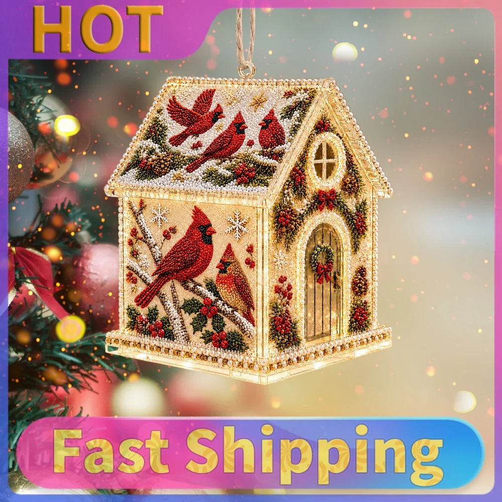 Christmas Diamond Painting House Ornament Acrylic DIY Kit 5.91in Round Resin Gems Pen Storage Box Step Guide