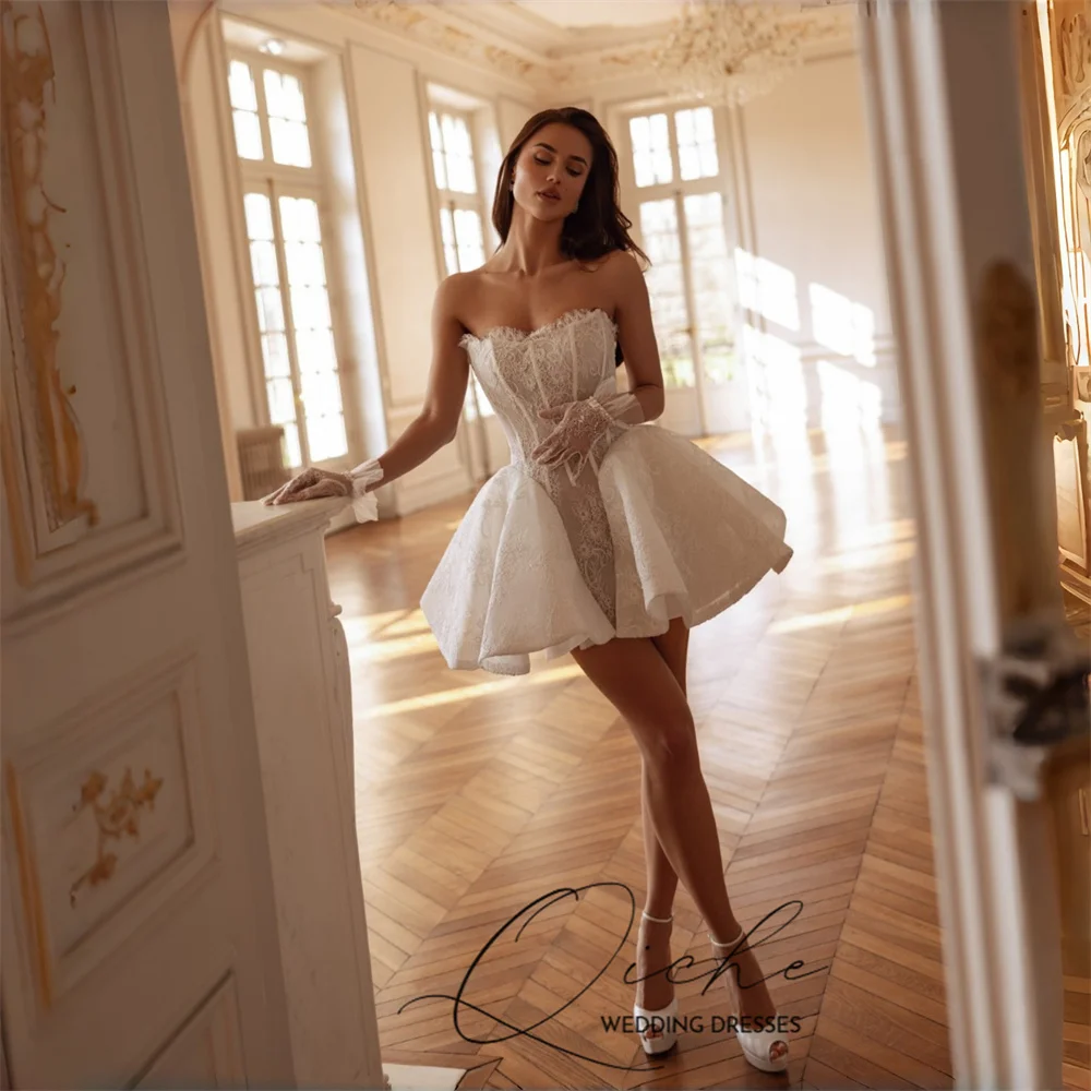 

Свадебные платья QICHE класса люкс, короткие, фасон А-силуэт, кружевные, 2026, без бретелек, без рукавов, с открытой спиной, плиссированные, для вечеринок, Vestidos De Noiva, на заказ