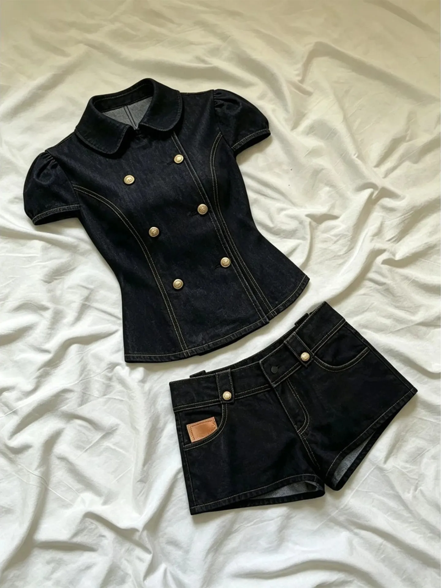 Retro Stylish Black Double-Breasted Doll Collar Short-Sleeve Denim Top And Shorts Set Summer Elegance Two-Piece Women's Outfit