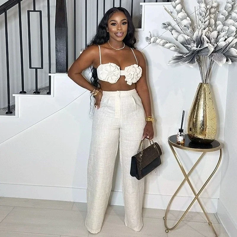 

Sexy Vacation Summer Outfits Women Two Piece Set Birthday Club Night Party Flower Bra Top+Wide Leg Pants Suits Conjunto Elegante