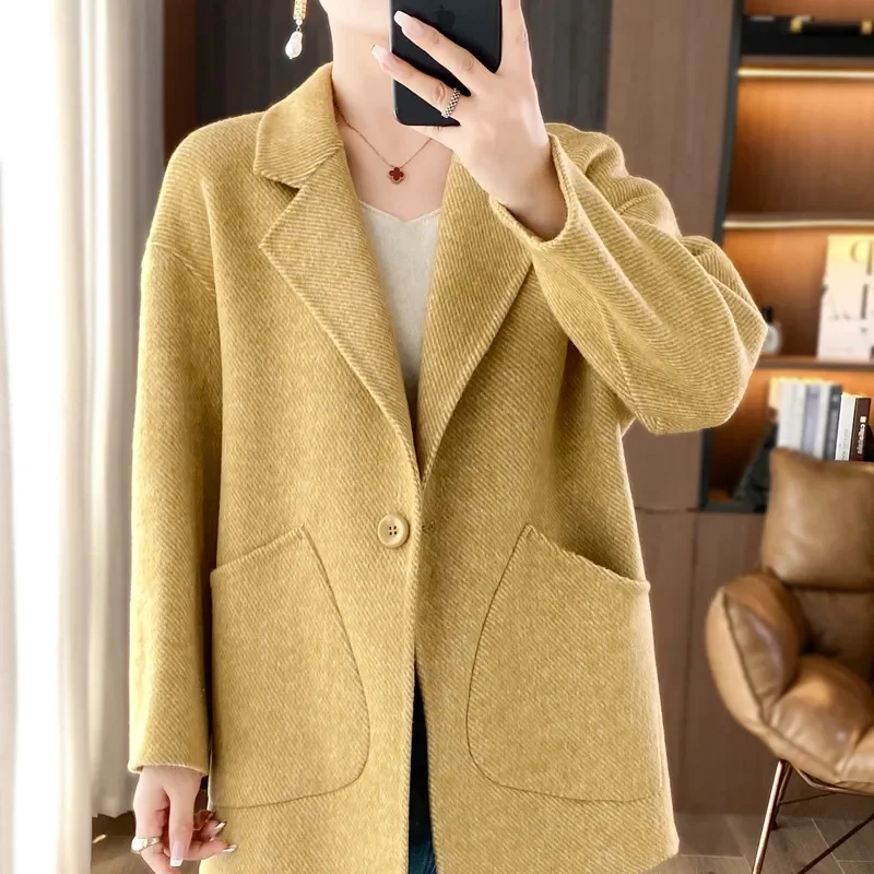 Spring Autumn Women Double Sided Woolen Coat Short Jacket Wool Blazer Loose Outerwear Female Single Button Suit Jacket