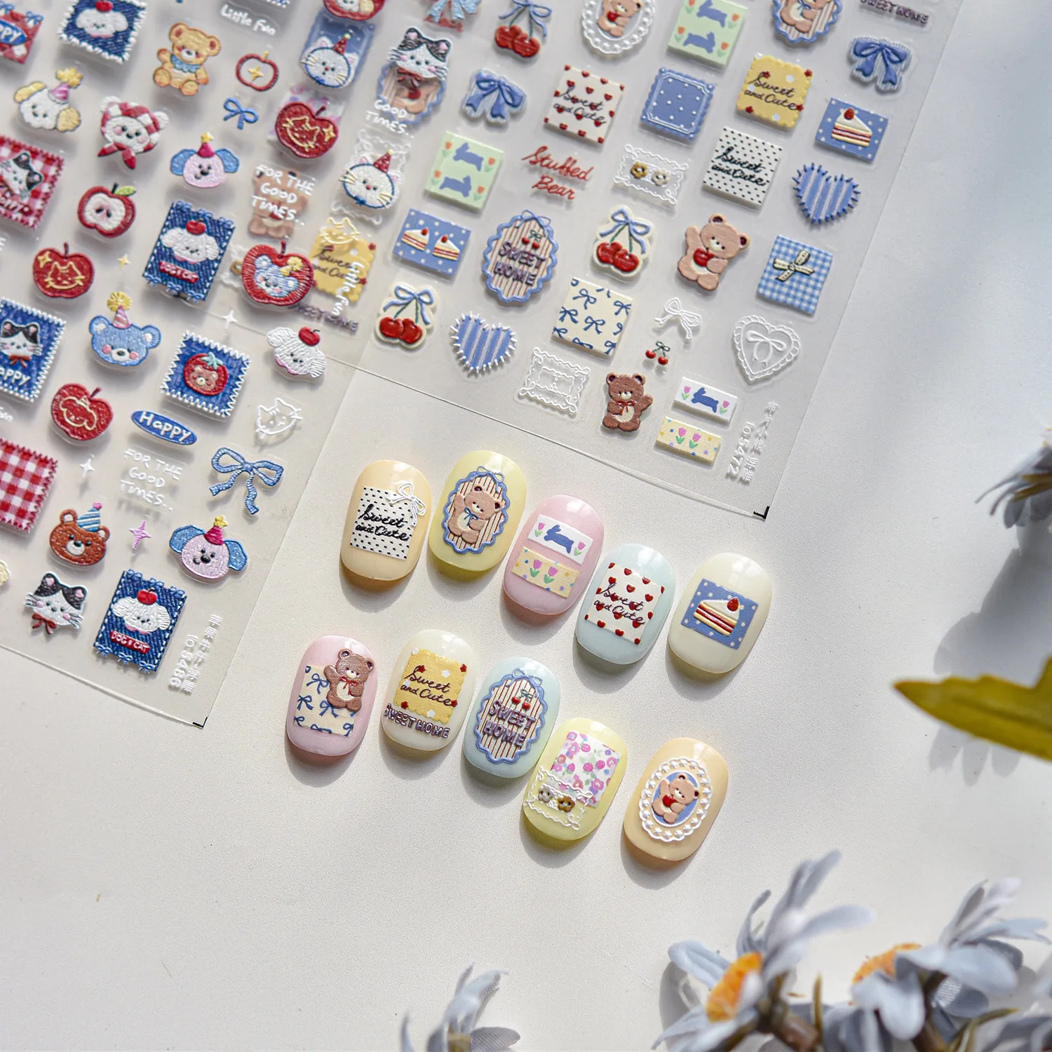 

5D Relief Nail Stickers Cute and Sweet Cartoon Cloth Patches Teddy Bear Jewelry Nail Art Sticker DIY 3D Adhesive Manicure Decals