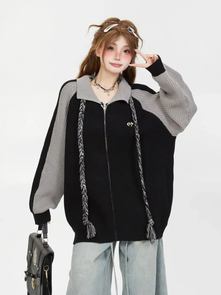 Jmprs Vrouwen Streetwear Y2K Vest Vintage Luie Wind Losse Lange Mouw Gebreide Truien Amerikaanse Harajuku Casual Patchwork Tops