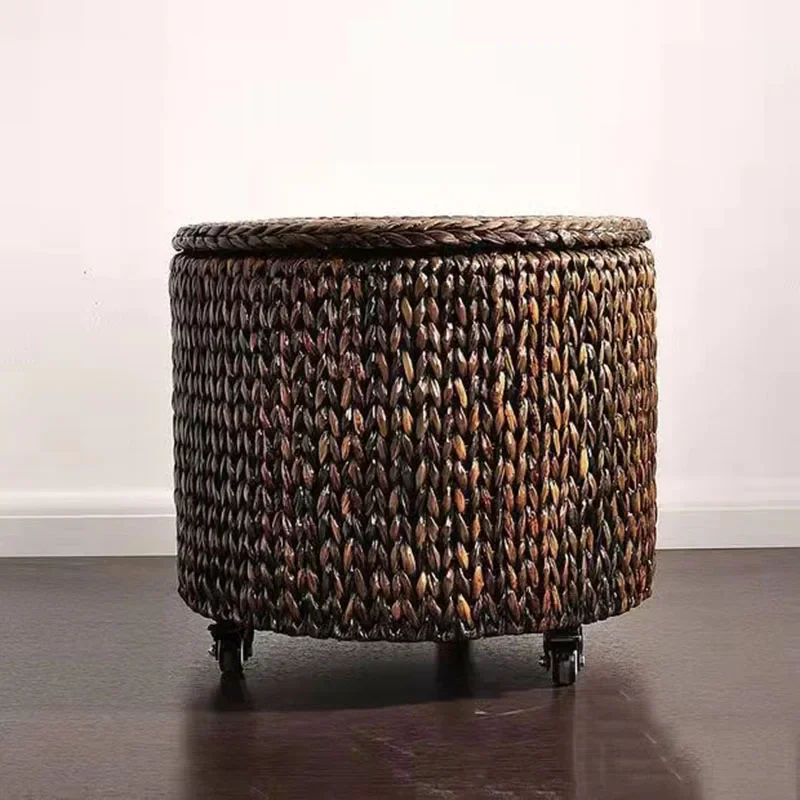 Living Room Furniture Retro Mobile Roller Skating Round Stool Manual Rattan Woven Small Stool Storage Box with Cover Footrest