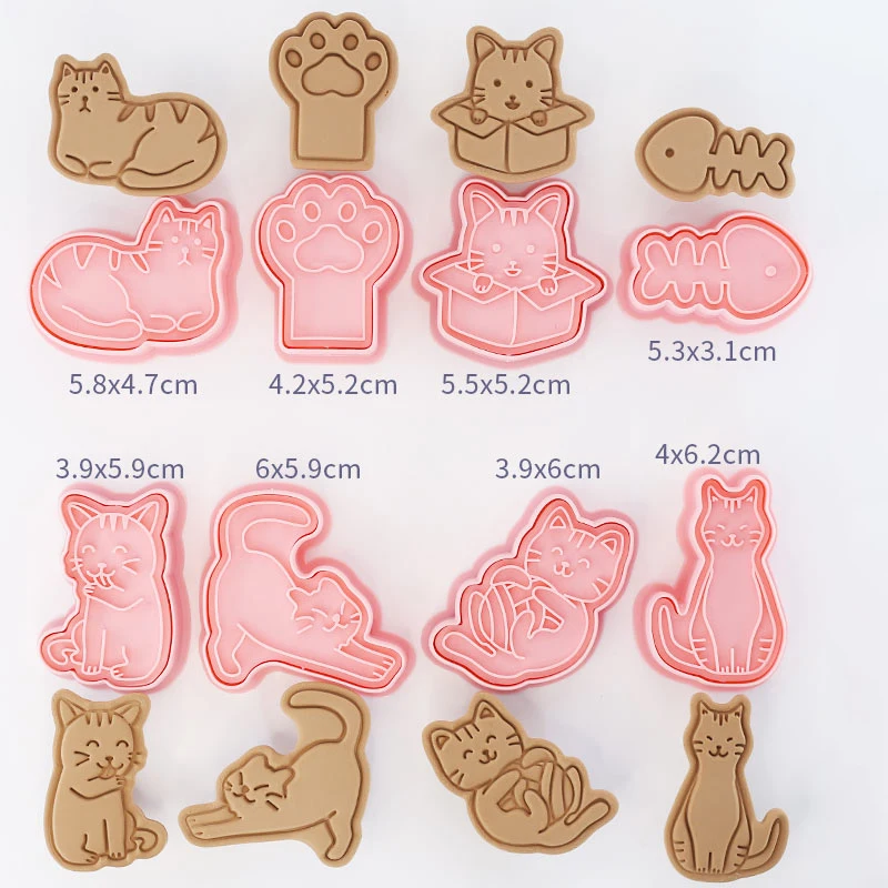 Juego de cortadores de galletas de gato, moldes de plástico 3D de dibujos animados para galletas, sello de galletas, herramienta de pastelería para