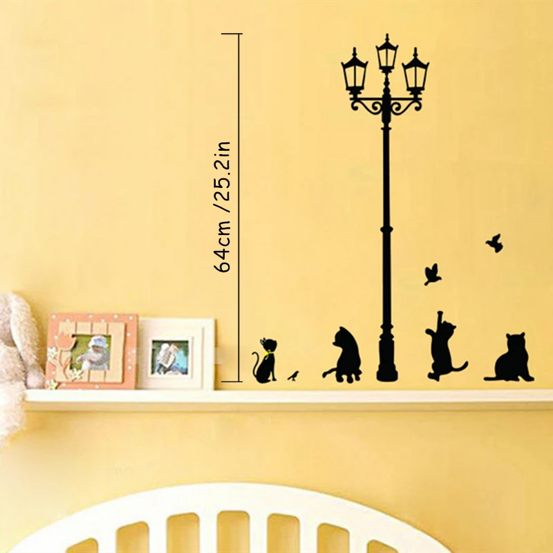 Cute Black Cat Little Bird under the Retro Lamp Vinyl Wall Stickers for Home Decoration Kids Bedroom Living Room Warm Wallpaper