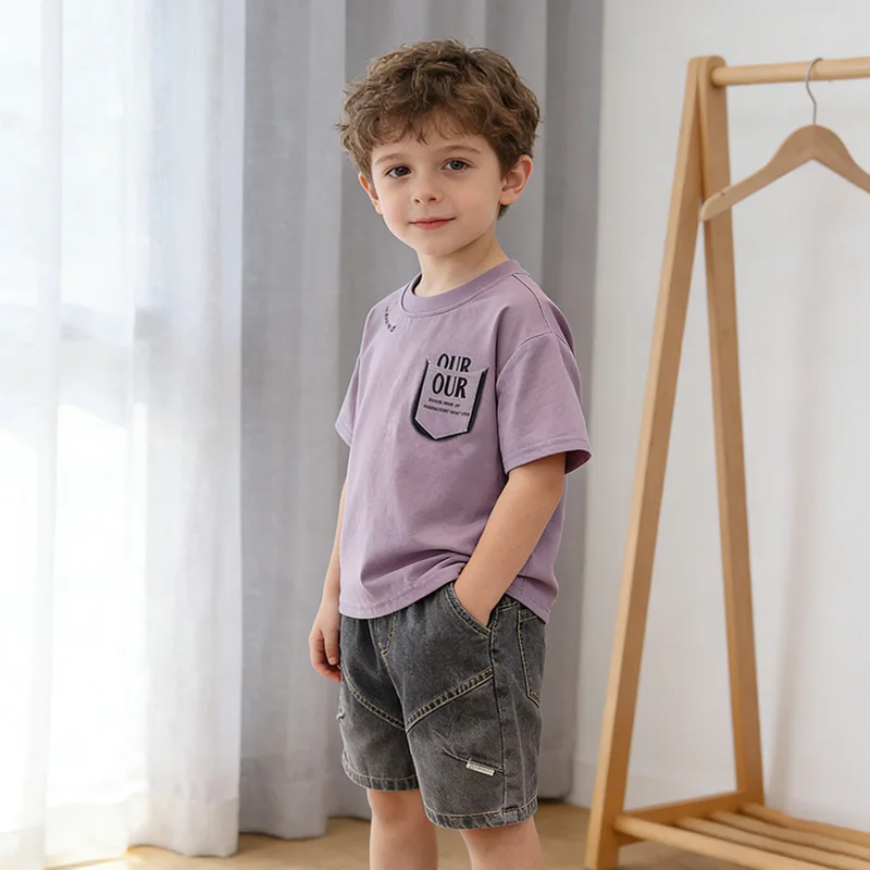 Kids 2-Piece Summer Casual Set - Short Sleeve T-Shirt with Pocket Print & Gray Denim Shorts for Boys Children's Fashion Outfit