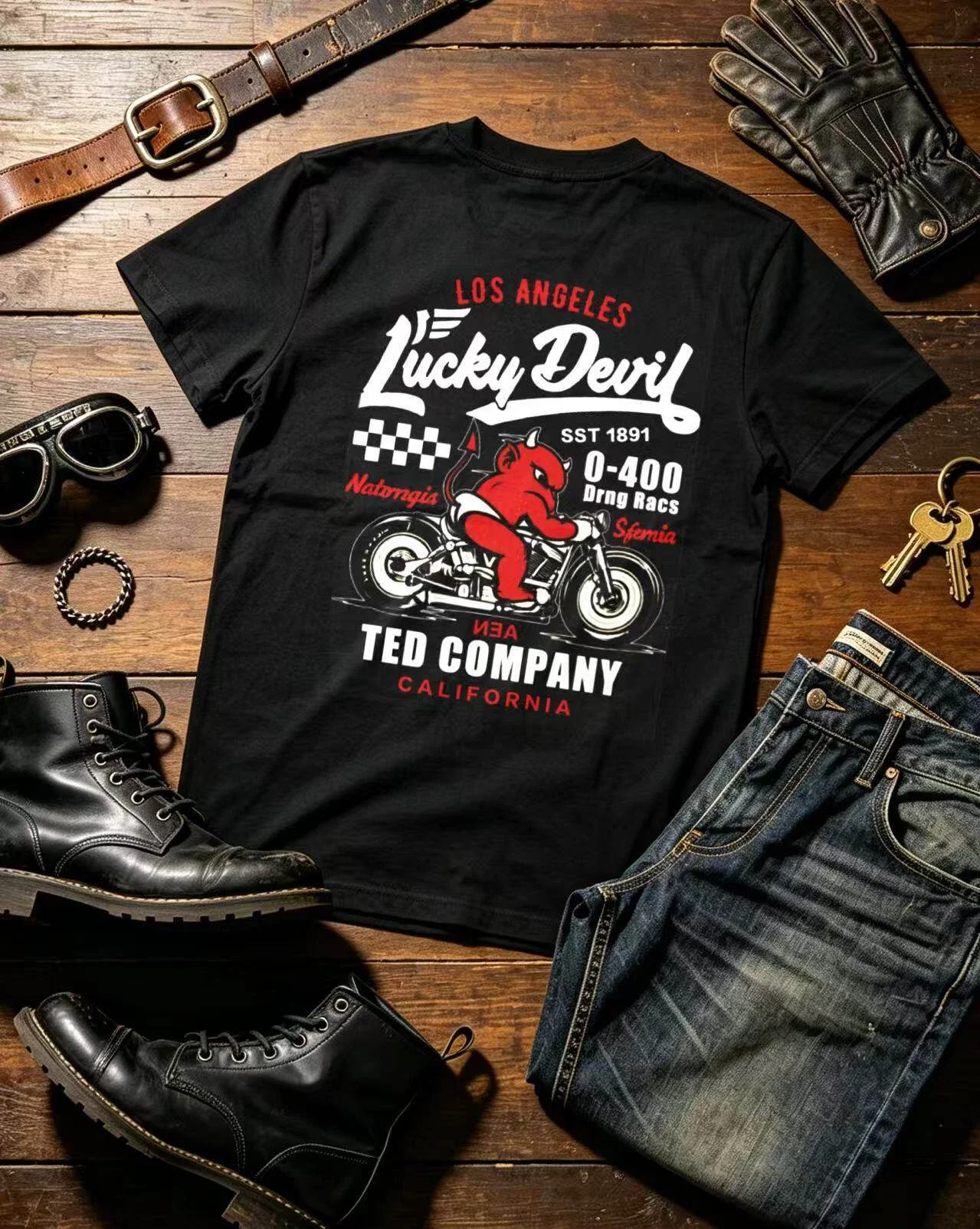 Lucky Little Devil Retro Niche Motorcycle Men's and Women's Cotton Loose Round-neck Short-sleeved T-shirt