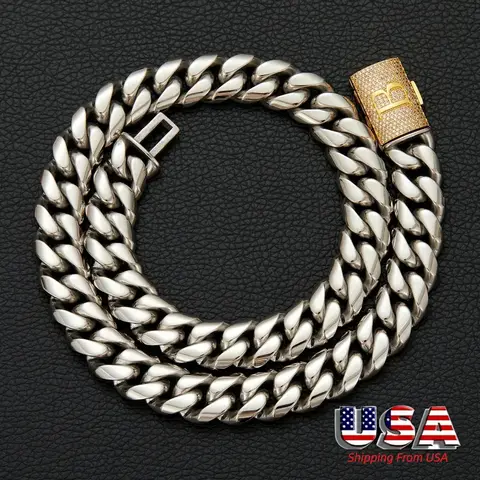 14mm Hip Hop Bling Iced Out Letters Button with 26 Letters Stainless Steel Round Cuban Miami Link Chain Necklace for Unisex