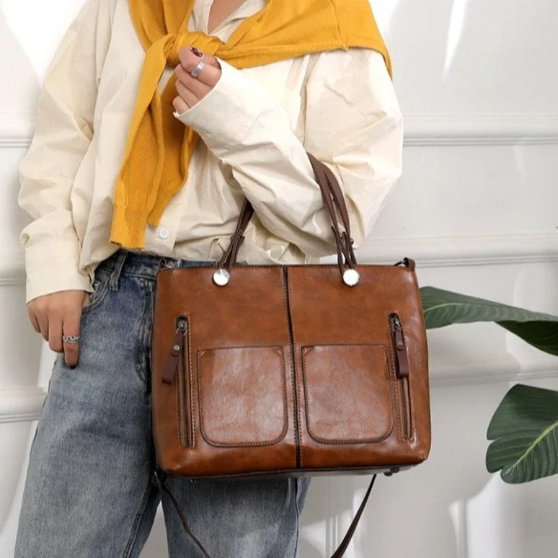 

Europe America Retro Leather Handbag Shoulder Bag, Two Pocket Zipper Tote Bag, Classic Crossbody Bags for Women Work Business