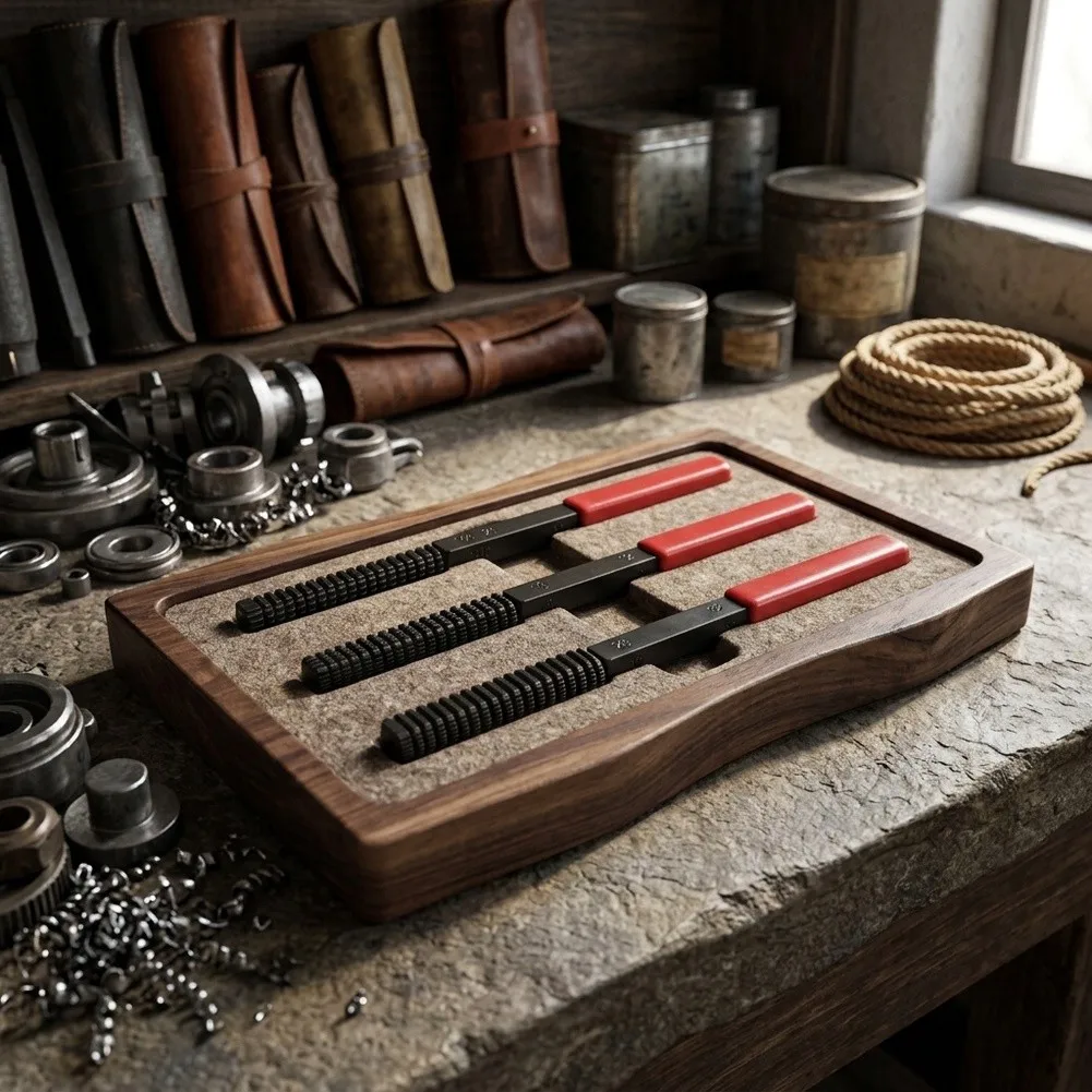 External Thread Repair Tool Set 3 Files + 3 Handles 215mm Red Steel for Seamless Thread Restoration External Thread