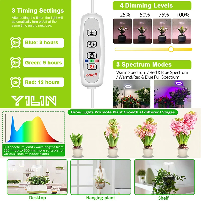 Table LED Plant Grow Light Full Spectrum Plant Growing Lamp Adjustable Height With 3-9-12 Auto On/Off Timer For Indoor Plants