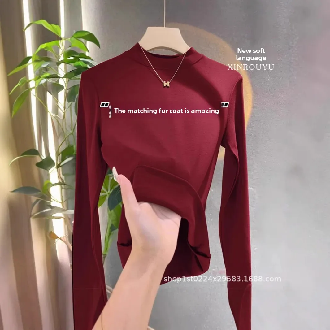 المرأة سميكة طويلة الأكمام قاعدة قميص نصف الياقة العالية على الوجهين المخملية ضيق تي شيرت مجسم الخريف الشتاء نمط جديد #2