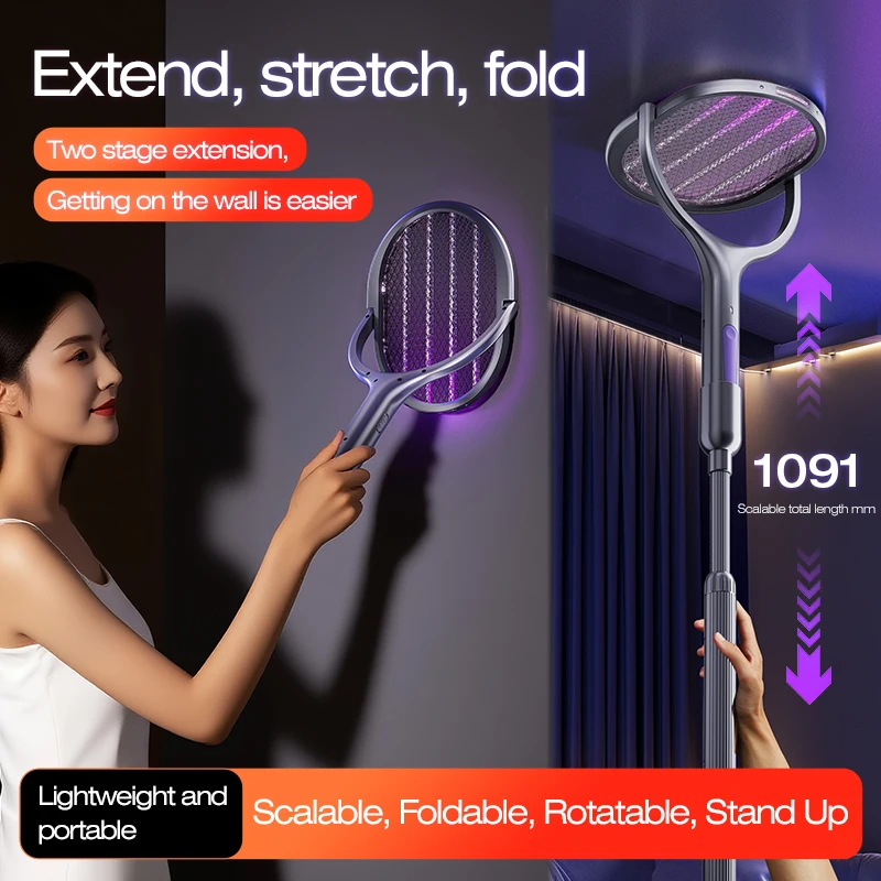 6 in 1 Retractable Mosquito Killer Swatter Racket Electric Fly Trap Bug Lamp Bat for Home House Zapper Insect Extendable Handle