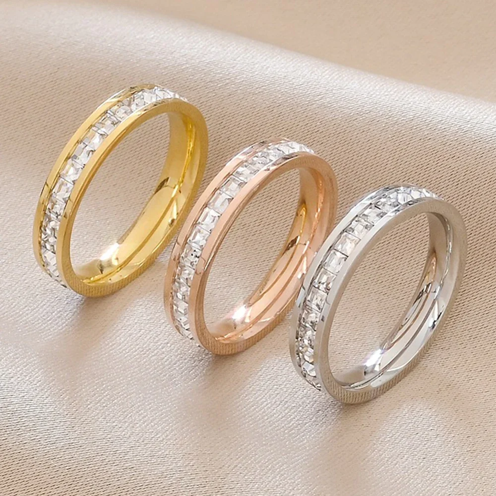 2025 Unisex 4mm Luxury Stainless Steel Men Women Statement Cubic Zircon Rings Women Gold Silver Color US Size 5 6 7 8 9 10 11 12