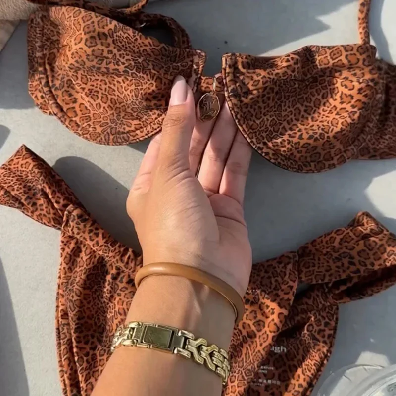 BEACHCICI Bikinis Women Summer Sexy Fashion Leopard Print Thin Strap With Pendant Adjustable Strap Top Thong Pants Set Beachwear