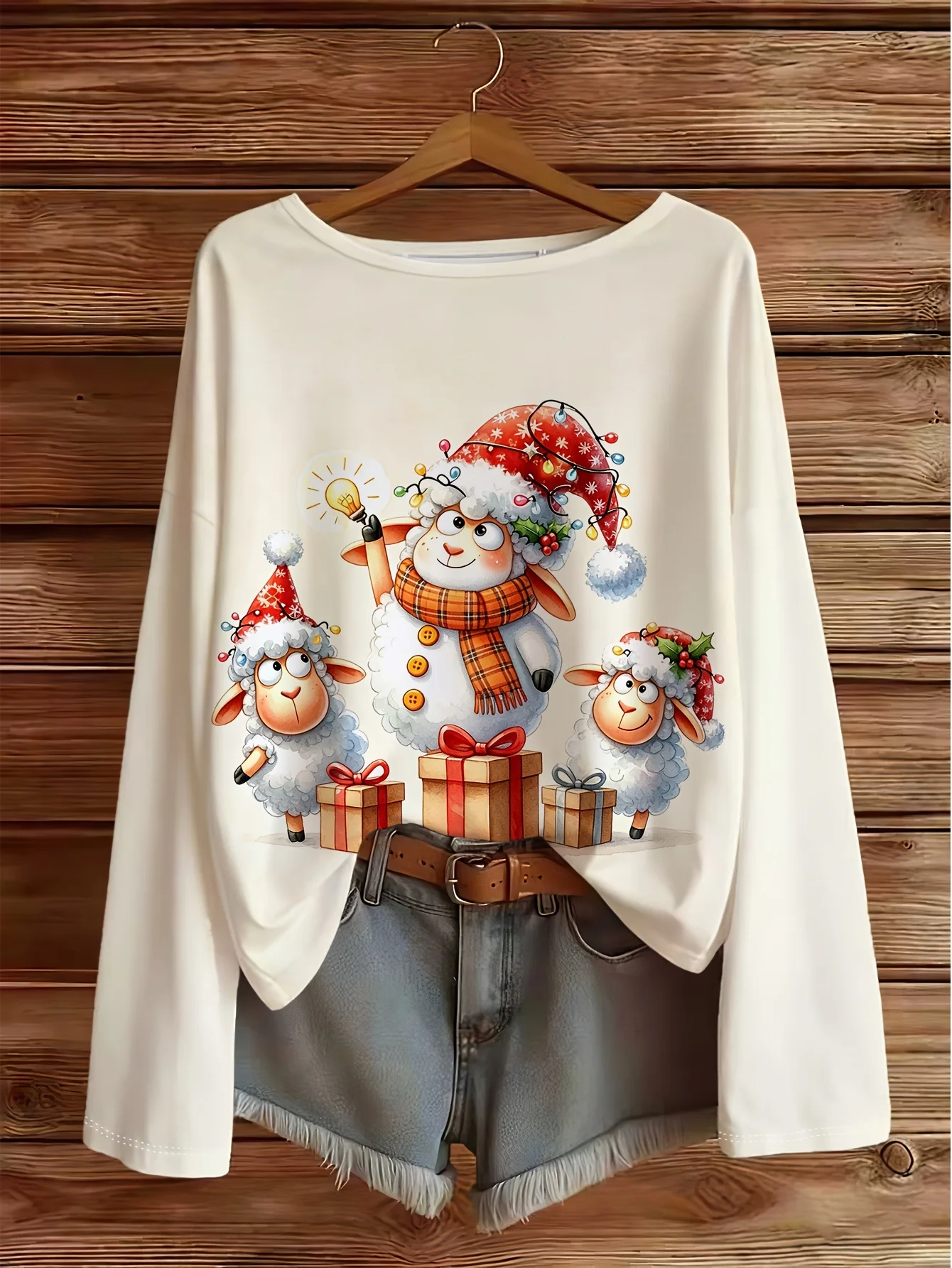 Women Long Sleeve T-shirt Christmas Cartoon Sheep Gift Print Round Neck Autumn Winter Casual Loose Tops Women's Clothes