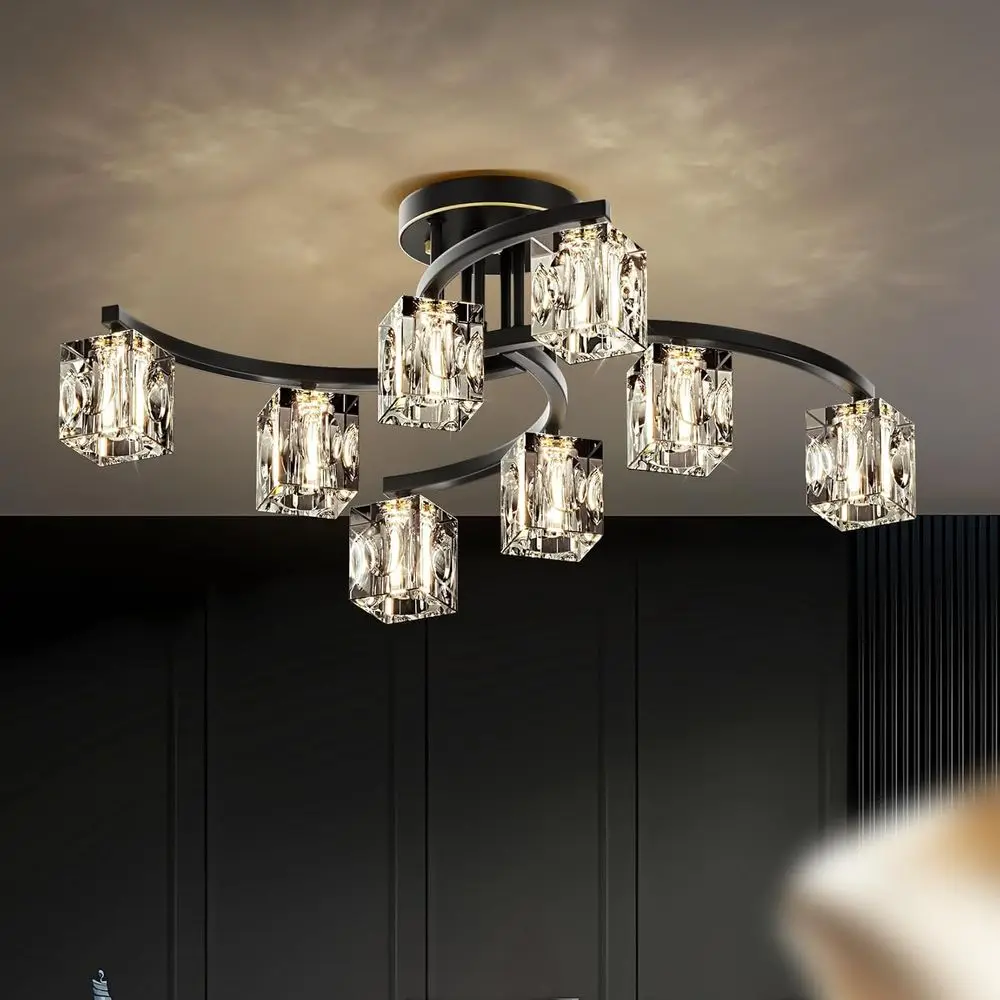 

8-Light Semi lush Mount Ceiling Light, Black and Gold Ceiling ixture, armhouse Dining Room Light ixture with K9 Crystal Shade, e