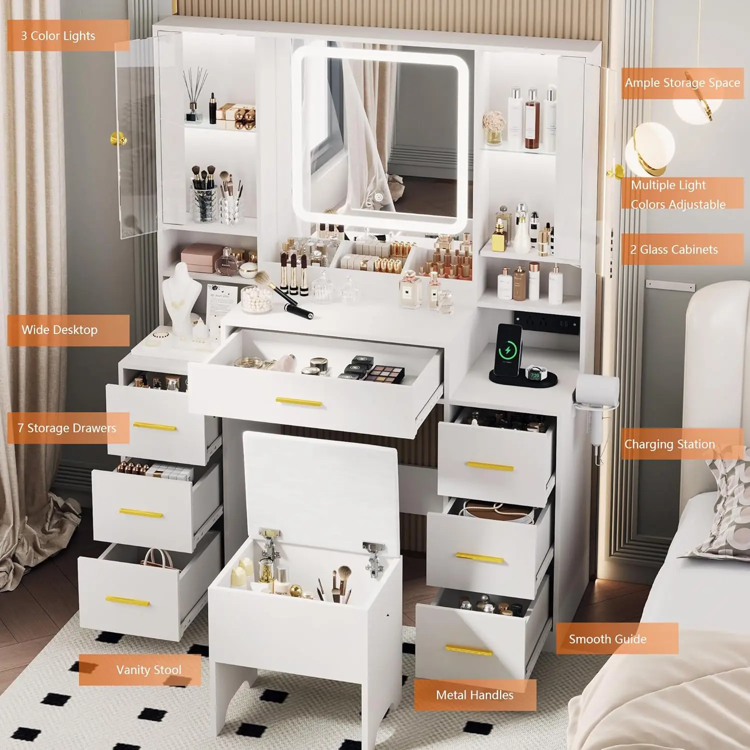 Makeup Vanity with LED Light Strip Mirror and Chair, 7 Drawers & 2 RGB Cabinets White Vanity Makeup Desk with Power Strip